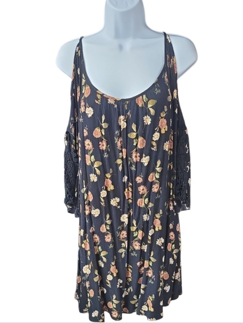 Black Floral Cold-Shoulder Swing Dress with Lace Sleeves